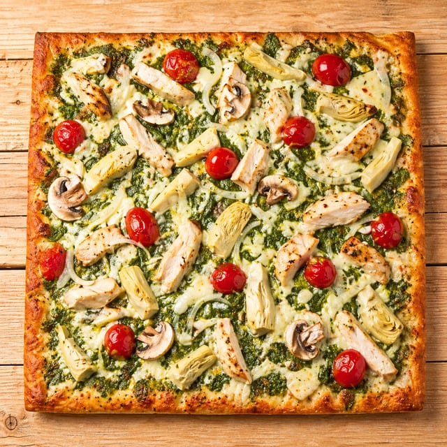 Pesto Chicken Flatbread Pizza.